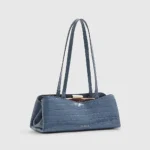 Blue Croc Print Metal Frame Shoulder Bag