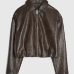 Brown Washed Faux Leather Bomber Jacket