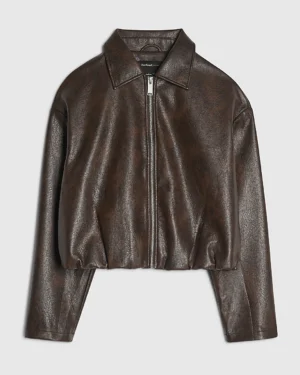 Brown Washed Faux Leather Bomber Jacket