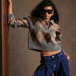 Grey Argyle Knit Long Sleeve Polo Top