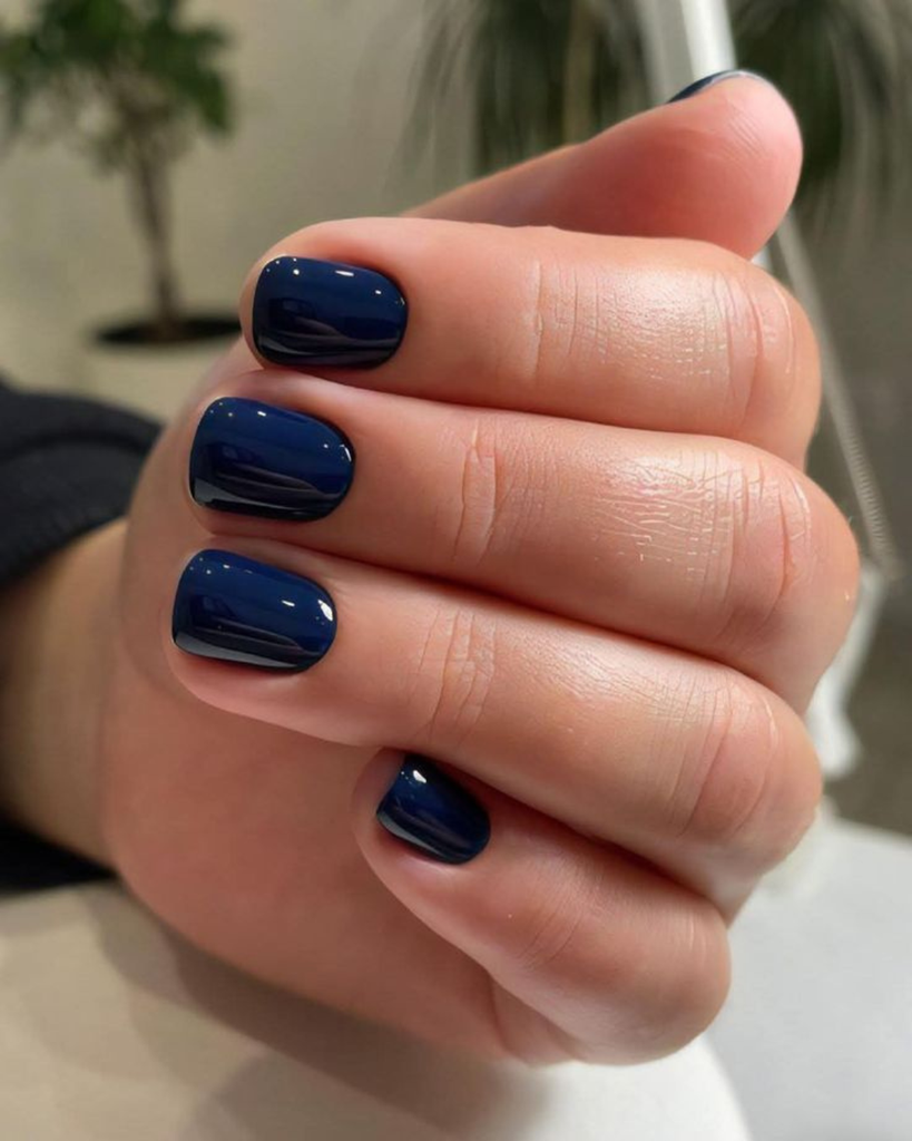 Short glossy midnight navy blue nails. Short nail design